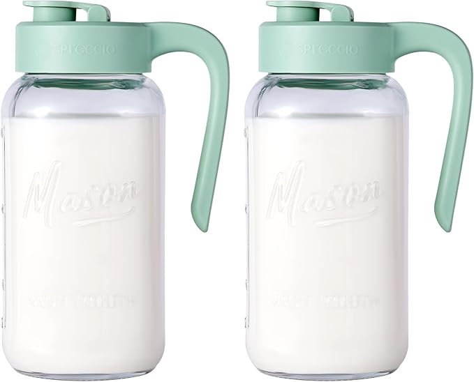 Mason Jar Pitcher - Airtight & Leakproof Glass Pitcher with Lid[set of 2], Perfect for Breastmilk, Cold Brew, and Sun Tea, 2 Quart (64 oz) Mason Jar with Pour Spout Lid
