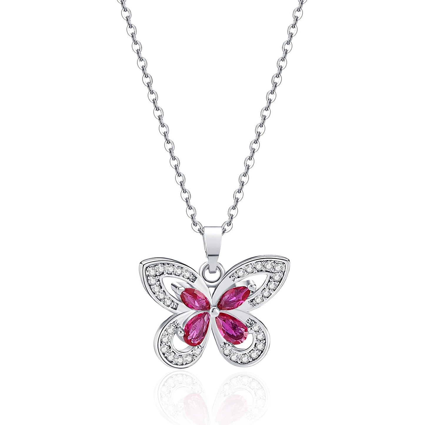 crataly Ruby Butterfly Necklace For Women-Silver Plated July Birthstone Necklace For Valentine's Day Mother's Day Christams Birthday Gifts