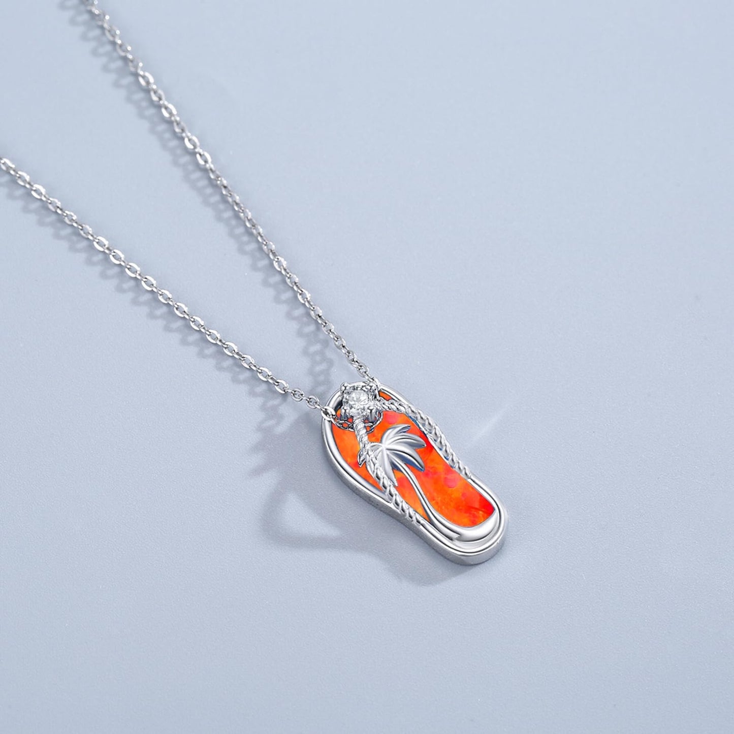 Midir&Etain Fire Opal Flip Flop Necklace 925 Sterling Silver Beach Palm Tree Pendant Hawaiian Necklace Flip-Flop Beachy Fire Opal Jewelry for Women