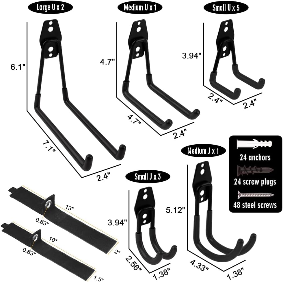 Garage Hooks Heavy Duty 14 Pack, Steel Garage Storage Hooks, Tool Hangers for Garage Wall Utility Wall Mount Garage Hooks and Hangers with Anti-slip Coating for Garden Tools, Ladders, Bulky Items