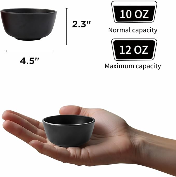 TP 10 Ounce Bowl Set of 6, 4.5” Melamine Bowls for Appetizer Snacks Ice Cream Dipping Sauce Side Dish, Unbreakbale and lightweight, Black