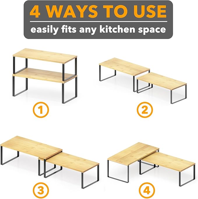 SpaceAid Cabinet Shelf Organizers 2 Pack, Kitchen Counter Rack Shelves Riser, Stackable Expandable Spice Rack, Pantry Cupboard Storage Organization (Black and Natural, Long)