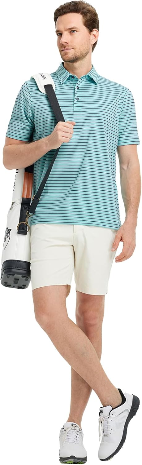 Rouen Mens Polo Shirts Short Sleeve Dry Fit Performance Moisture Wicking Causal Striped Polo Collared Golf Shirts for Men