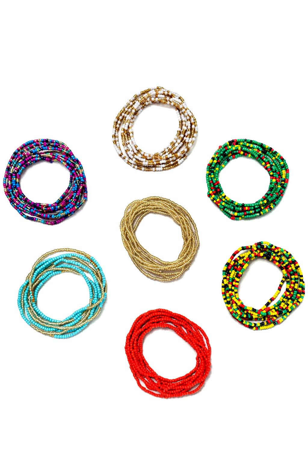 Cuisine228 African Waist Beads Chain – Stretchy Elastic Belly Body Chain, 7 Pack Beach Waist Jewelry Body Accessories for Women (70 inches)