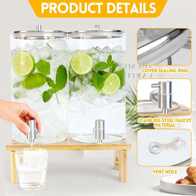 2 Pack 1.5 Gallon Drink dispenser with Stand，Glass Beverage Dispenser With Wood Stand, 18/8 Stainless Steel Spigot and Labels Large Water Drink Dispensers for Parties, Lemonade,Juice, Tea