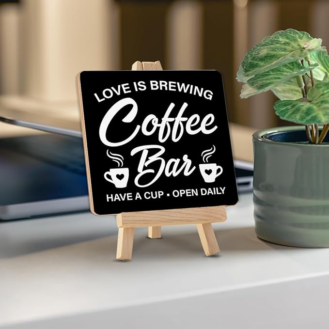 Coffee Signs, Coffee Bar Wood Sign with Easel Home Kitchen Desk Shelf Tabletop Table Decor