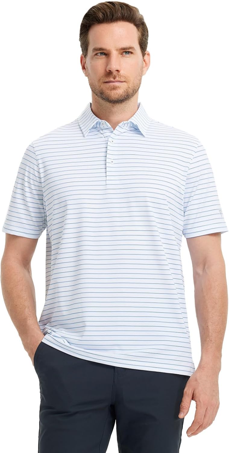 M MAELREG Golf Shirts for Men Moisture Wicking Striped Polo Performance Dry Fit Business Sports Mens Polo Shirts Short Sleeve