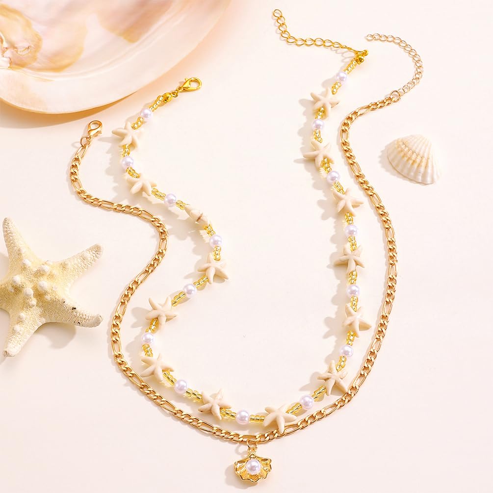 Dainty Starfish Pearl Beaded Choker Necklace, Layered Sea Shell Pearls Pendant Star Beads Necklaces for Women Chic Sweet Beach Coastal Party Jewelry Gift (Gold 2)