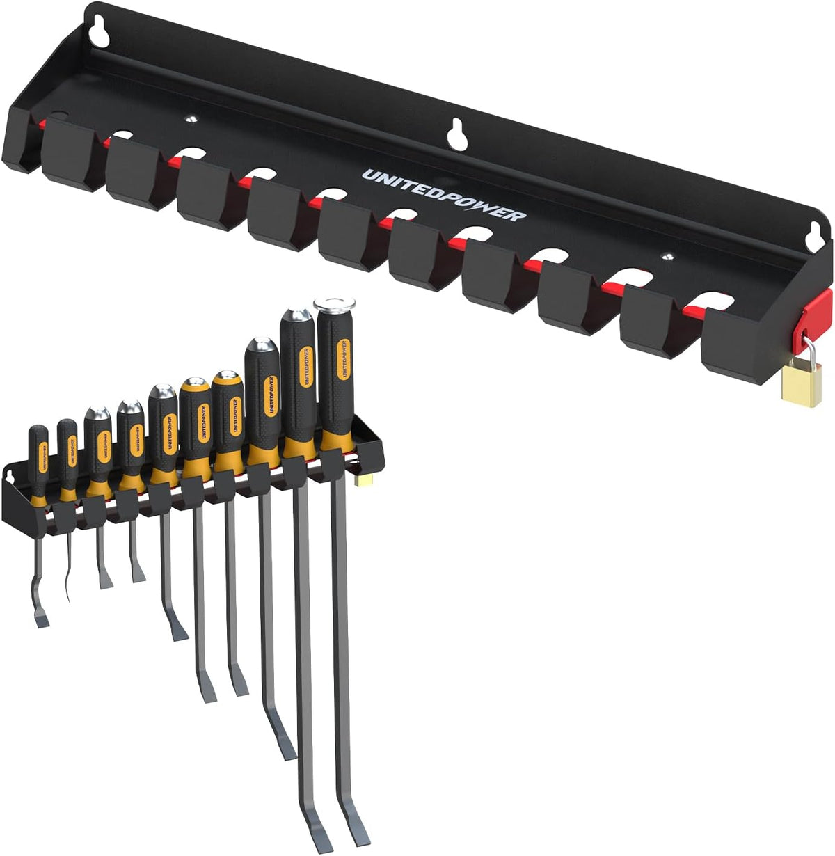 UNITEDPOWER Pry Bar Holder, Lockable Wall Mount Storage Rack Organizer for Workshop, Shed, Garage, Home, Stores up to 10 13 Tools or Extensions