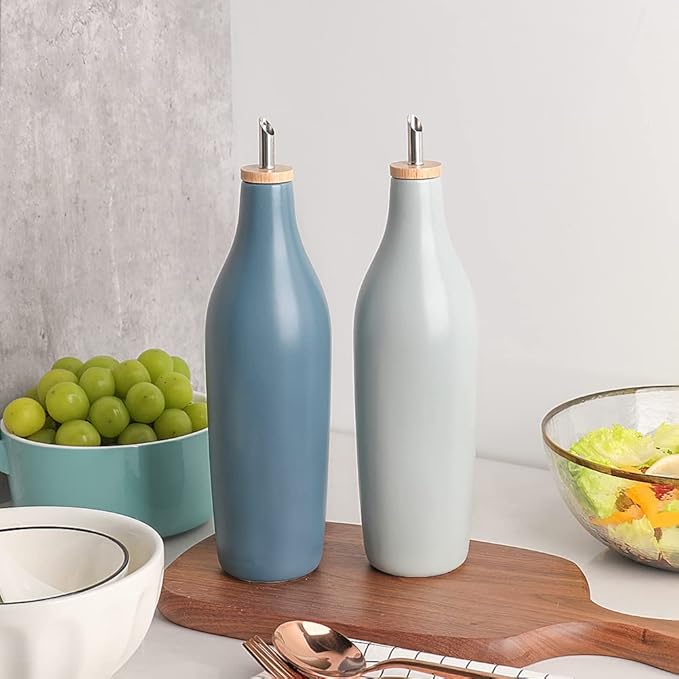 Sweejar Matte Ceramic Olive Oil Dispenser Bottle with Spout, 17 Oz Oil Dispenser for Kitchen Counter, Opaque Oil Cruet for EVOO, Vinegar, Avocado Oil Container for Cooking, Pack of 1 (Fog Blue)
