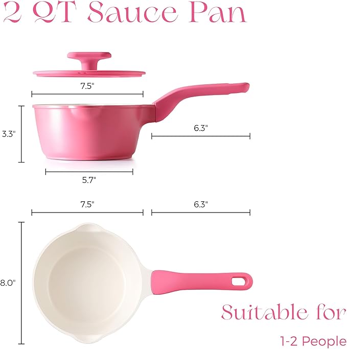 PRICUSIS Ceramic Nonstick Saucepan with Lid, 2 Quart Non Toxic Pot with Pour Spouts, Full Coated, 100% Dishwasher Safe, Induction Compatible & Oven Safe, PTFE PFAS & PFOA Free, Raspberry Red