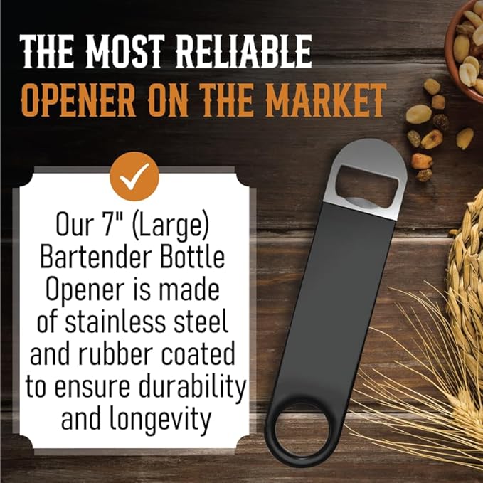 Bartender Bottle Openers, Beer Bottle Openers, Speed Openers 3 Pack by Premium Cold One. Professional Grade: Rubber Coated, Stainless Steel. Large, 7 inch