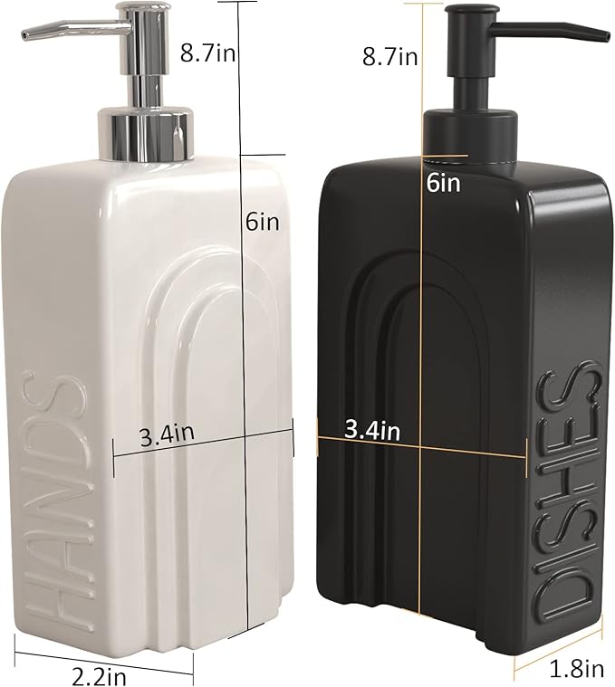 Soap Dispenser Set with Funnel, Non-Slip Silicone Pads, 2 Pack Ceramic Refillable Dish Soap and Hand Soap Dispenser for Kitchen, Bathroom, Matte Black and White