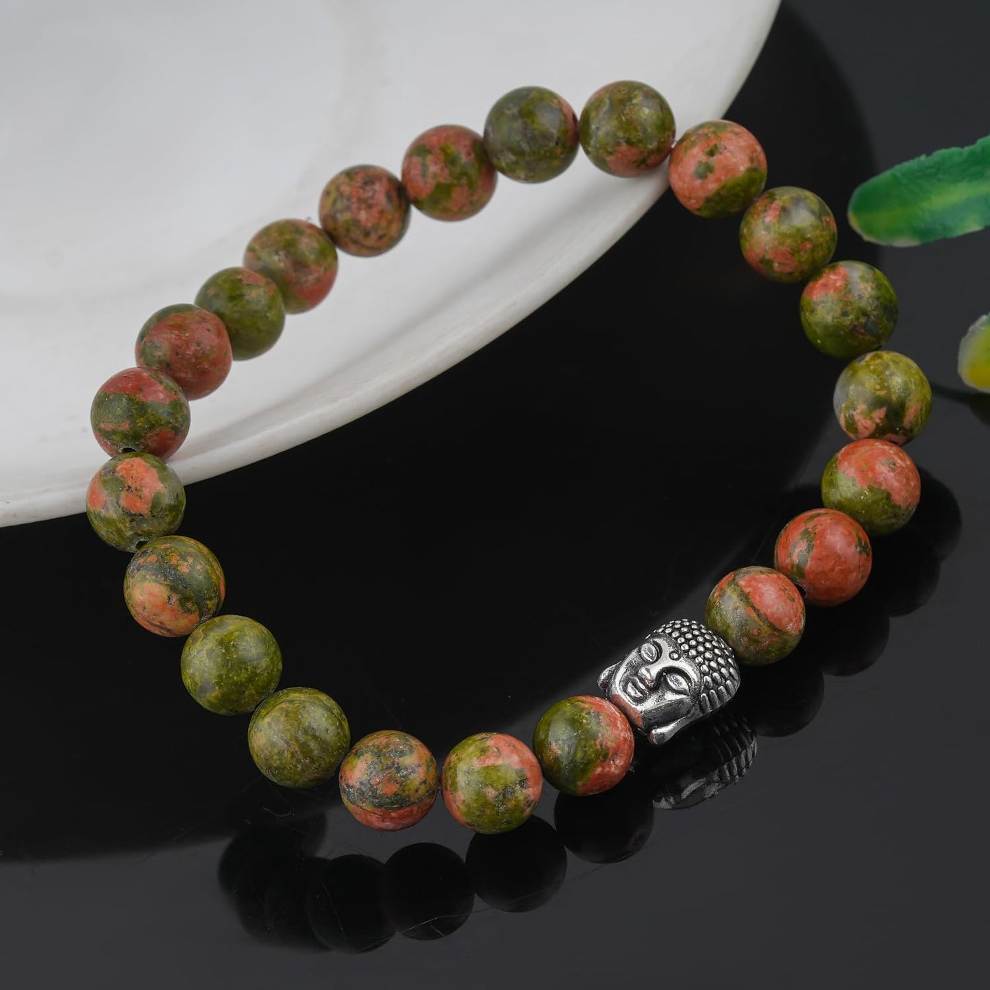 CRYSTALINES Buddha Charm Stretchable Braceclet, Natural Unakite Jasper Gemstone Beads, Plain Round Stones, Handmade Boho Strech Bracelet, Adjustable Spiritual Healing Crystal Unisex Jewelry Gift