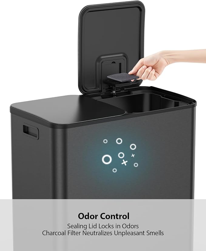 Lovewind Dual Trash and Recycling Bins for Kitchen, 2 * 11-Gallon Stainless Steel Double Trash Can, Step-On Garbage and Recycle Combo, Quiet Close, Pet-Proof, Compatible with 13-Gallon Bags, Black