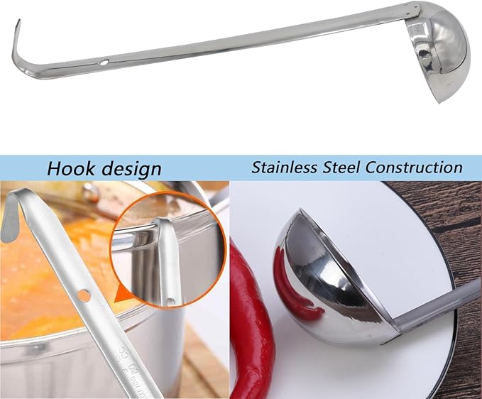 3 Pcs 2 oz Stainless Steel Soup Ladle Set, Long Handle Serving Spoons with Hooked Handles, Kitchen Cooking Utensils for Sauce Gravy Stew