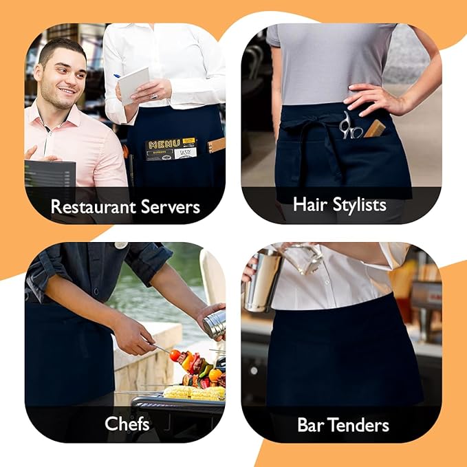 Avalon Kitchen Server Aprons with 3 Pockets, 100% Polyester Waist Apron with Pockets, 24x12 Inche Waitress Apron with Pockets