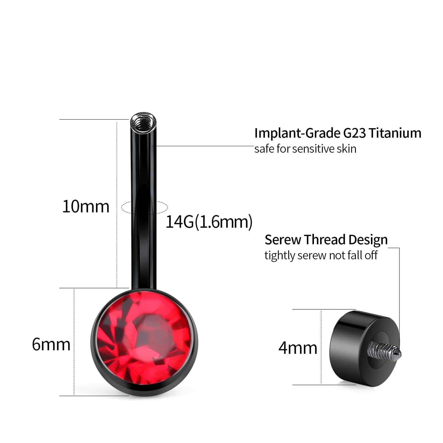 XUU Titanium Belly Button Rings, Black & Silver – 14G Internally Threaded Navel Piercing Jewelry, 10mm & 12mm Curved Barbells with 7 Colors Gems – Hypoallergenic (Black-Red cz, 10MM)