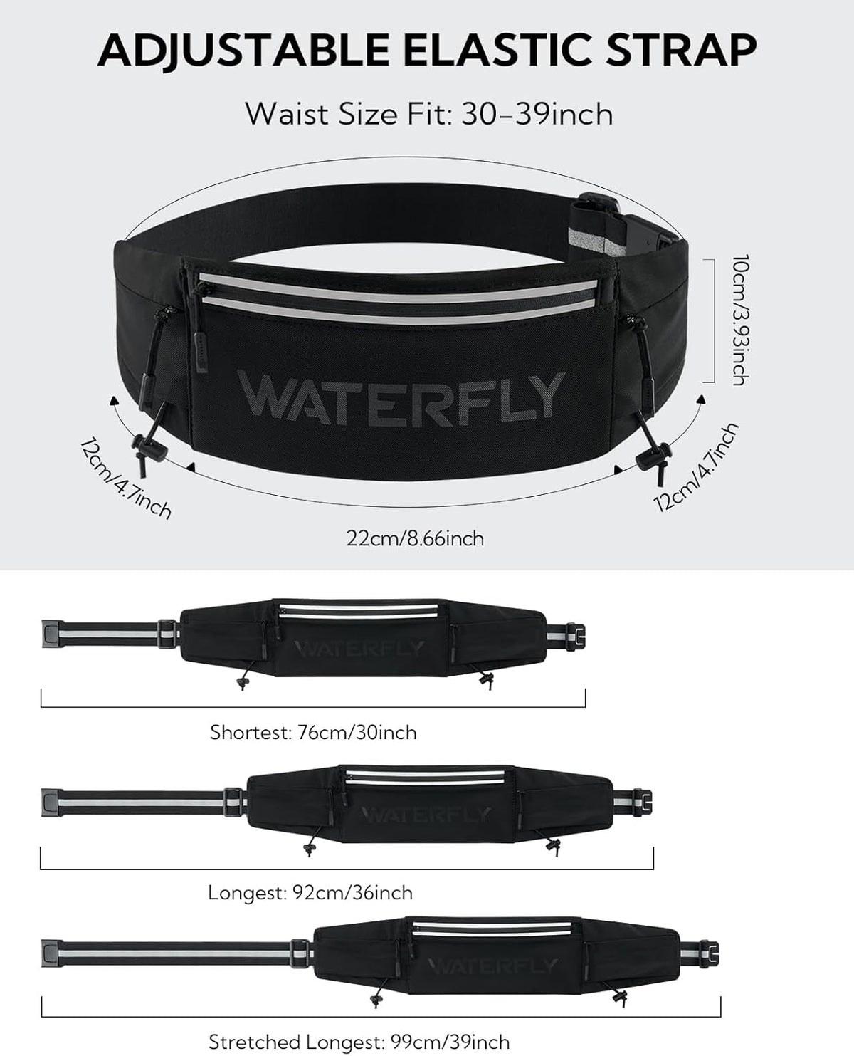 WATERFLY Running Belt Fanny Pack: Breathable 3 Pocket Waist Bag for Men Women Workout Exercise Fitness Phone Holder Fits ALL Phones - Runner Marathon Jogging Race Belt With Bib Clip Black