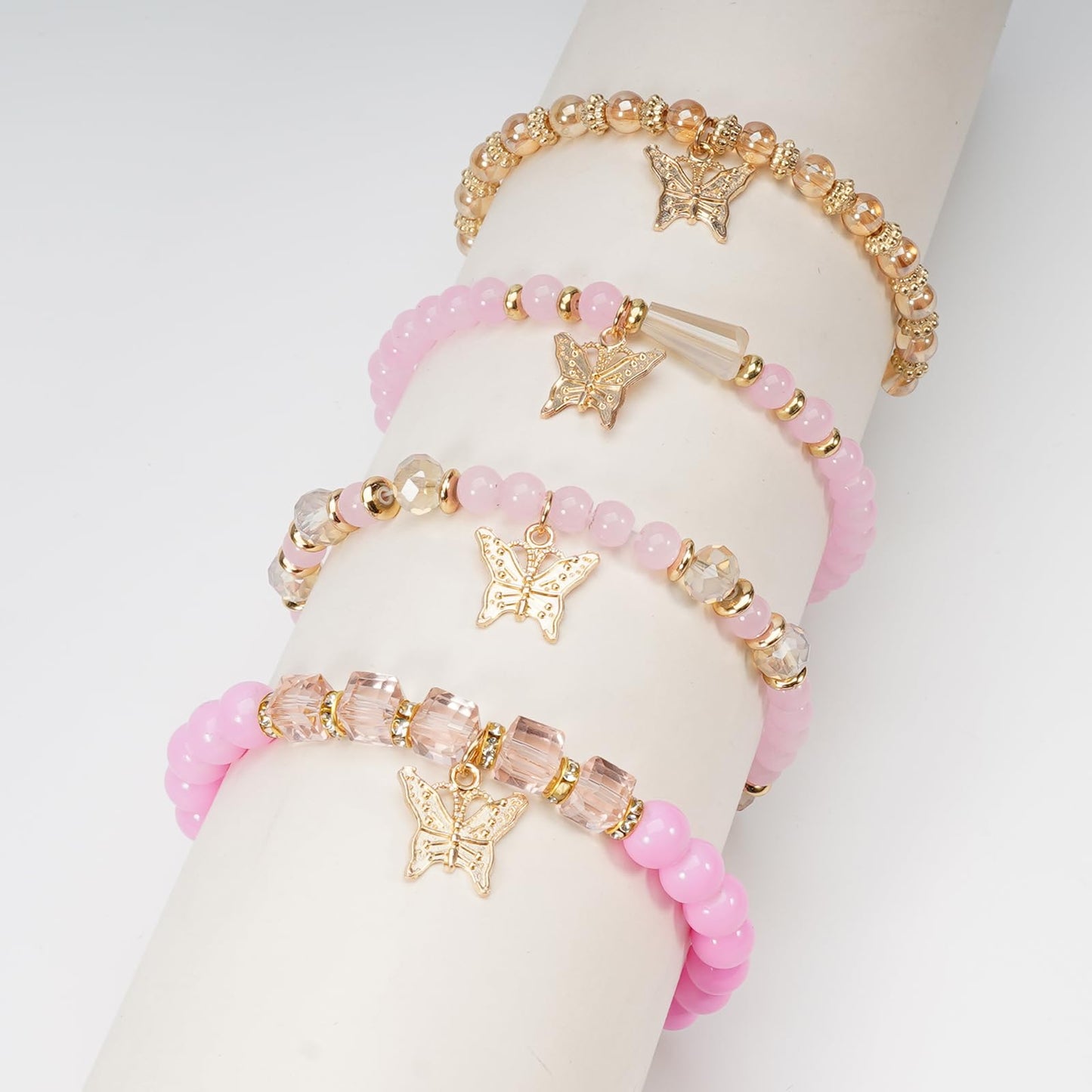 Briutn Butterfly Charm Stackable Beaded Bracelet Set Bohimian Pink Layered Stretch Bracelets Gifts for Women Boho Jewelry