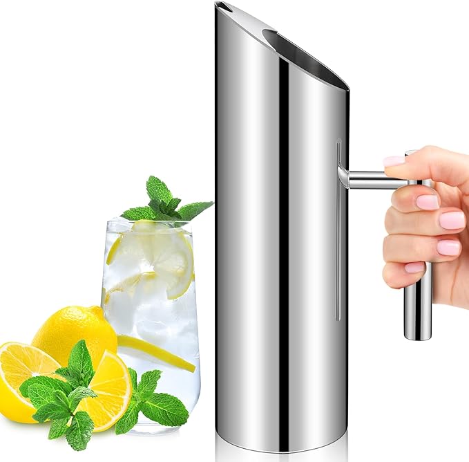 Funnymoom Stainless Steel Water Pitcher 53oz Modern Metal Pitcher with Ice Guard Silver Carafe Drink with Handle or Iced Hot Drink Tea Juice Coffee Beer