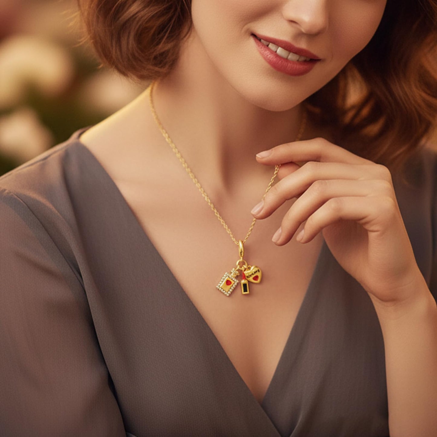 crataly Mini Makeup Enamel Necklace For Women-Gold Plated Lipstick Ornament Perfume Bottle Puffy Heart Combination Necklace For Graduation Valentines Day Mother's Day Christmas Birthday Gifts