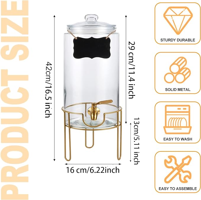 Drink Dispensers for Parties 1 Gallon, Bevarage Dispenser with Stand,Glass Drink Dispenser With Stainless Steel Spigot + Marker & Chalkboard, Ideal for Lemonade,Juice, Tea, and Party Drinks