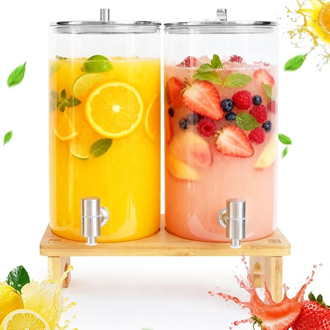 2 Pack 1.5 Gallon Drink dispenser with Stand，Glass Beverage Dispenser With Wood Stand, 18/8 Stainless Steel Spigot and Labels Large Water Drink Dispensers for Parties, Lemonade,Juice, Tea