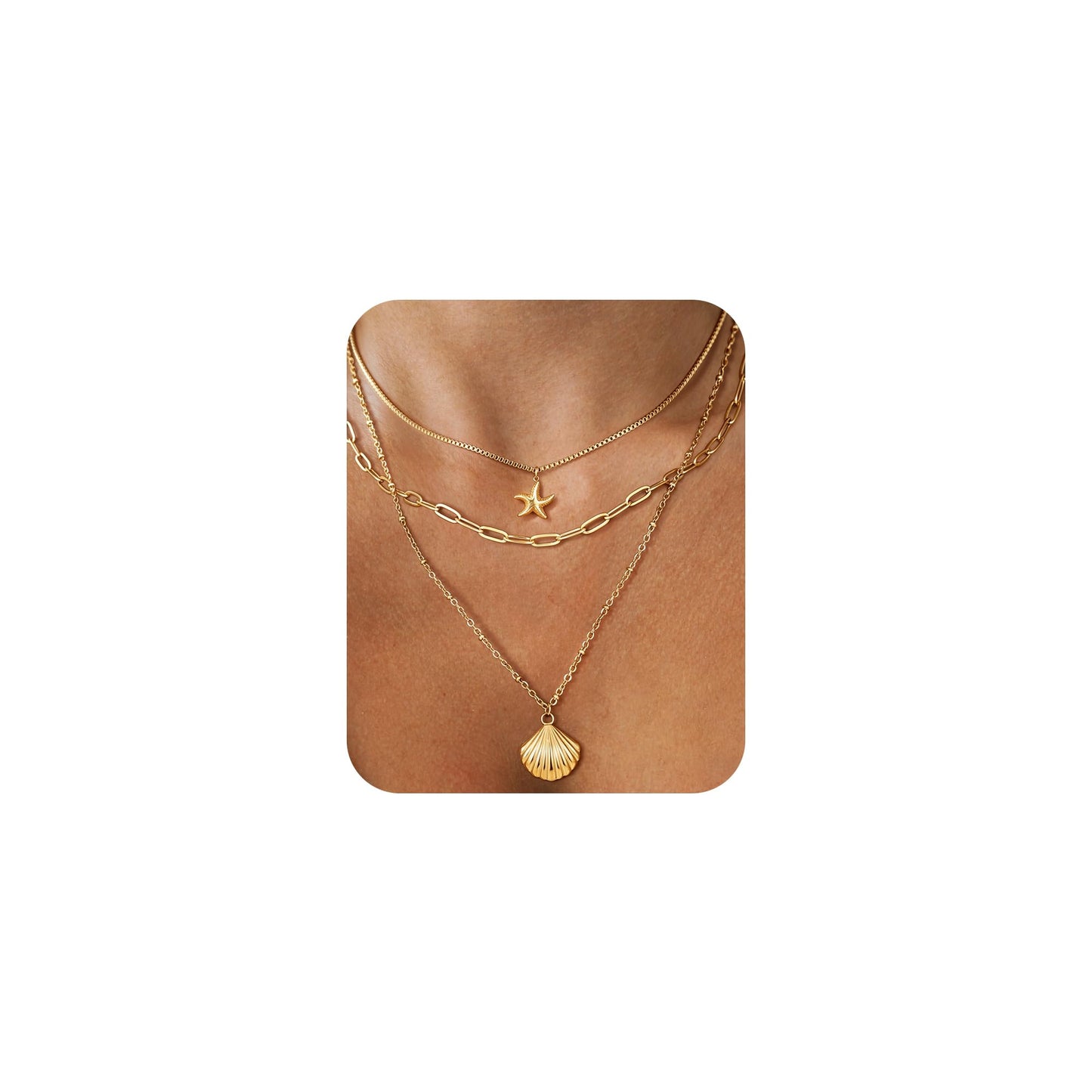 Shell Necklace for Women, 14k Gold Layered Starfish SeaShell Pendant Charm Necklace,Dainty Non Tarnish Waterproof Adjustable Silver Choker Paperclip Necklaces Stack Jewelry for Summer Beach Vacation (Gold)