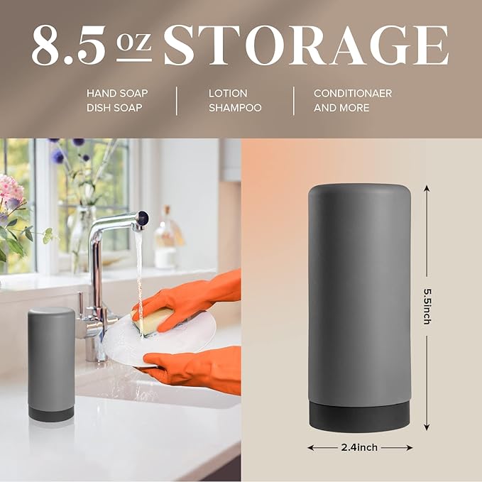 ElmRidge Dish Soap Silicone Dispenser for Kitchen Sink,Squeeze Washing Up Liquid and Hand Soap,Round refillable Silicone Bottles,Easy to Fill and to use, 8.5 oz,Black 2.4 x 2.4 x 5.5 inches (Gray)