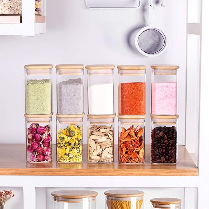 Tzerotone 10 Pcs Glass Spice Jars - 8oz Empty Square Spice Storage Containers With Bamboo Airtight Lid and Labels - Thicken Small Glass canister for Kitchen Seasoning,Coffee Bean,Tea,Suger,Herbs