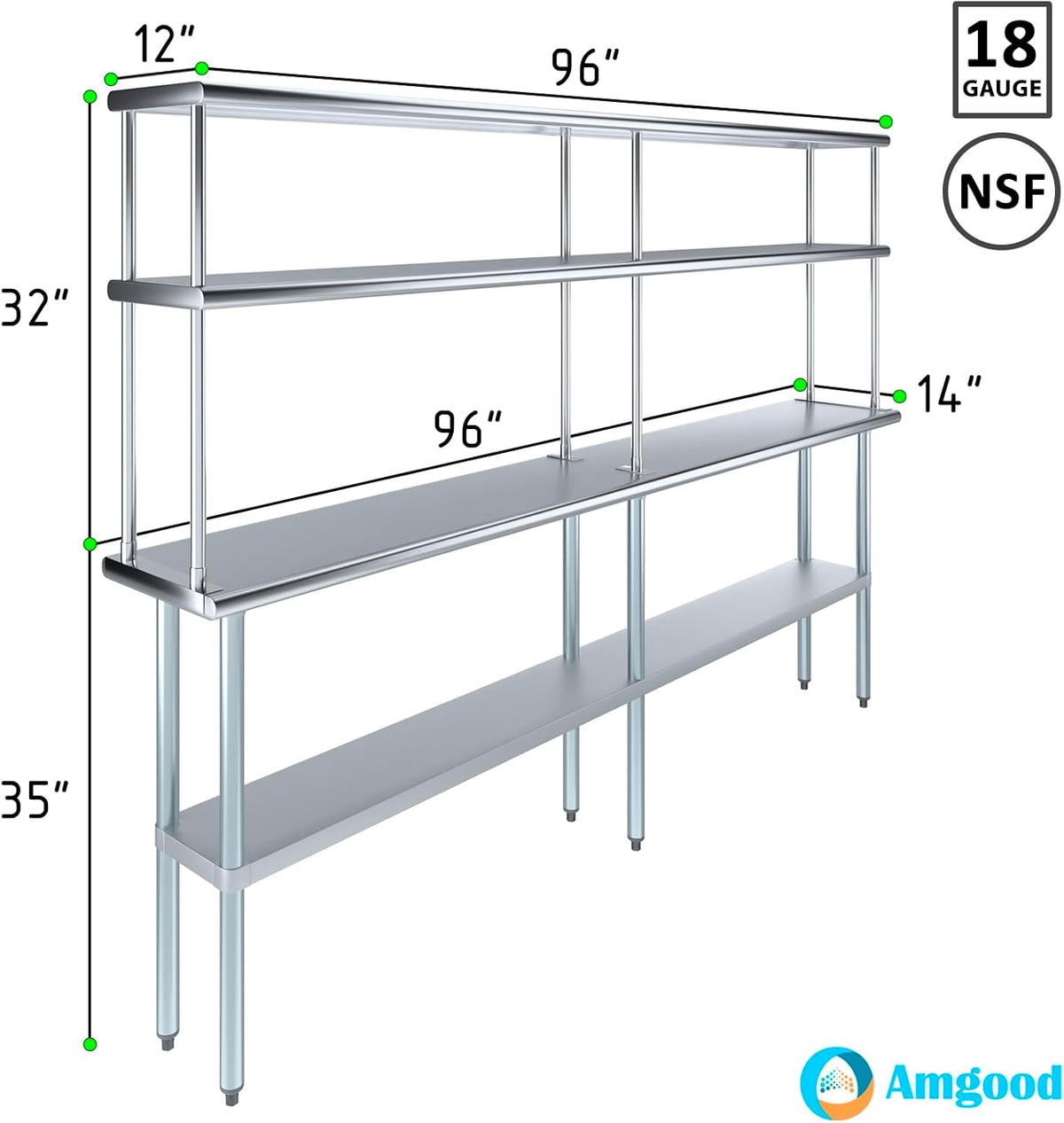 Amgood Stainless Steel Work Table Double Tier Overshelf | Metal Kitchen Prep Table & Shelving Combo | NSF (14" x 96" Work Table + 12" Overshelf)