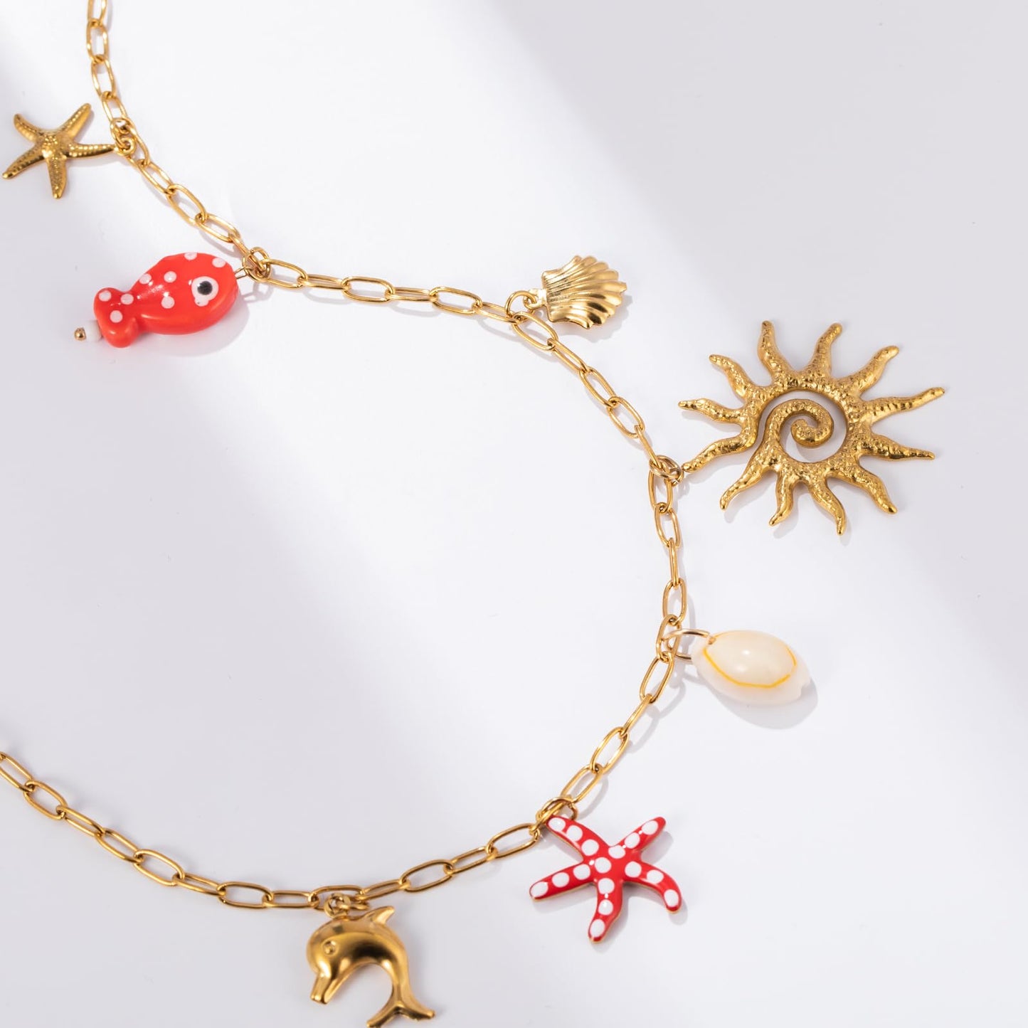 Chunky Gold Necklace Statement Boho Beach Ocean Summer Stainless Steel Jewelry Shell Starfish Turquoise Dolphin Pearl Sun Flower Wave Heart Fish Charm Choker Necklaces for Women(Sun)