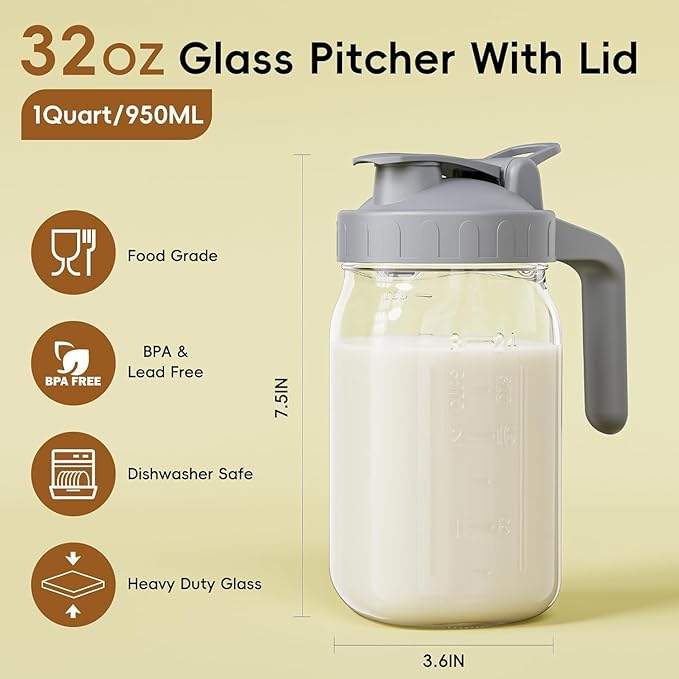 Breast Milk Pitcher - 32 oz Glass Mason Jar with Dual Leak-Proof Design, Airtight Seal, Pour Spout & Handle, Storage Container for Breastmilk, Iced Tea & Ice Drinks（2Pack Gray）