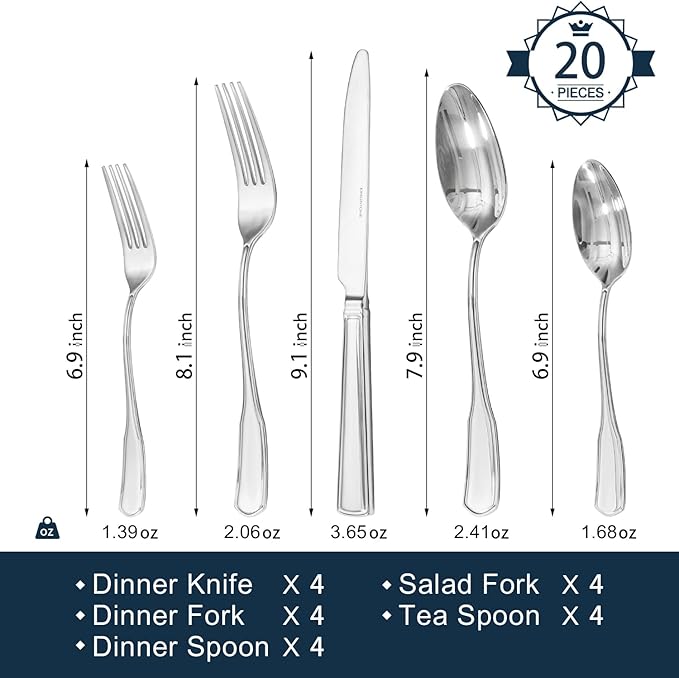 KINGSTONE 20-Piece Silverware Set, 18/10 Stainless Steel Flatware Set for 4, Tableware Cutlery Set, Utensil Sets for Home Restaurant, Mirror Finish, Dishwasher Safe