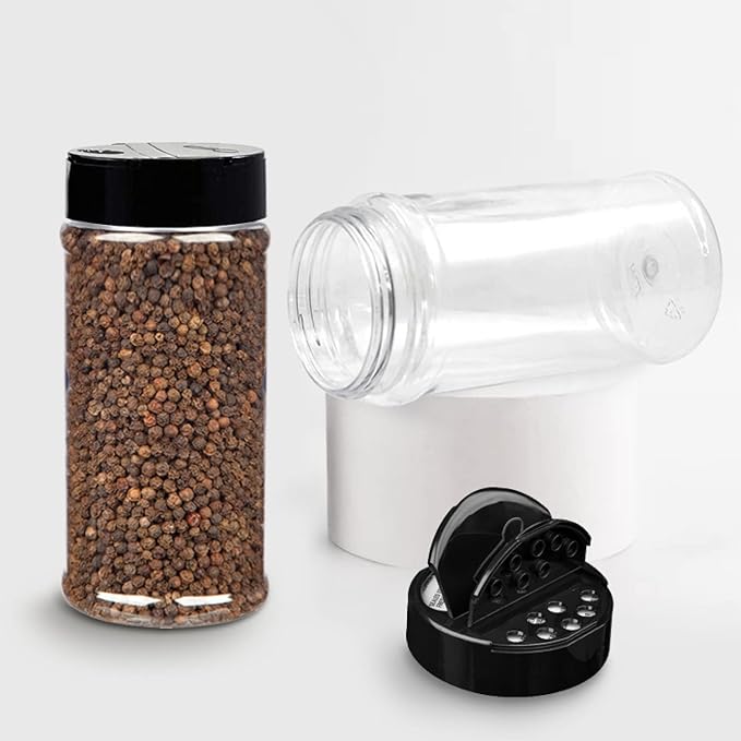 RoyalHouse 6 Pack 16 Oz Plastic Spice Jars with Black Cap, Clear and Safe Plastic Bottle Containers with Shaker Lids for Storing Spice, Herbs and Seasoning Powders, BPA Free, Made in USA