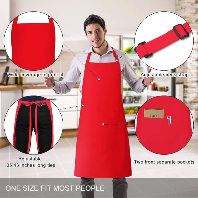 Jubatus 1 Pack Bib Aprons with 2 Pockets Cooking Chef Kitchen Apron for Women Men, Red