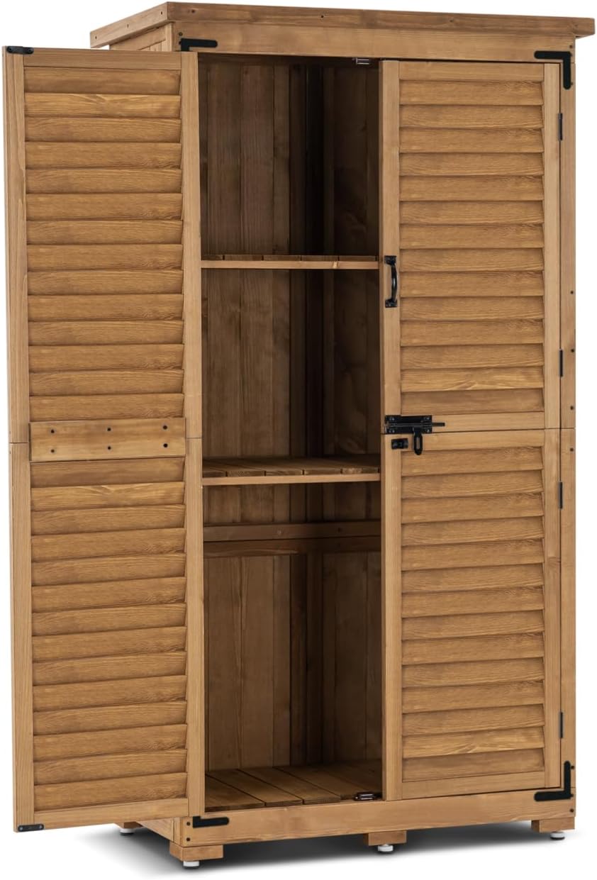 MCombo Outdoor Storage Cabinet, Garden Storage Shed, Outside Vertical Shed with Lockers, Outdoor 63 Inches Wood Tall Cabinet for Yard and Patio 0870 (Natural)