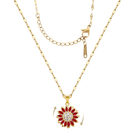 KONPJE Sunflower Fidget Necklace for Women Gold Moon Necklace Rotating Heart Necklaces Spinning Crystal Sunflower Anxiety Necklaces Crescent Moons Jewelry Accessories (Gold Red)