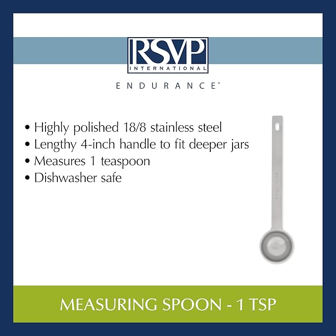 RSVP International Endurance Kitchen Collection Open Stock Measuring Spoon, Stainless Steel, Dishwasher Safe, 1-Teaspoon