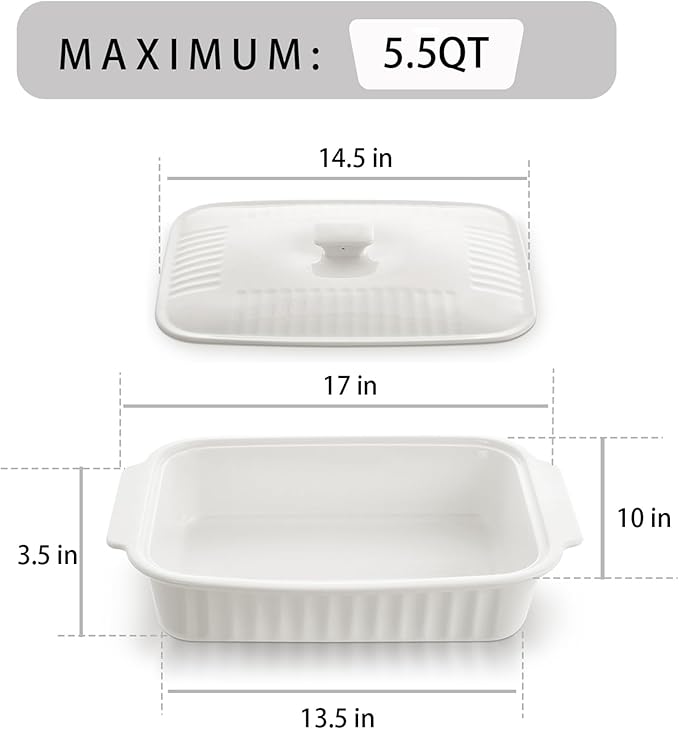 Large Baking Dish with Lid,5.5 Quart Lasagna Pan with Lid, 13.5x9 inch Ceramic Casserole Dish with Lid, Microwave, Dishwasher Safe, White