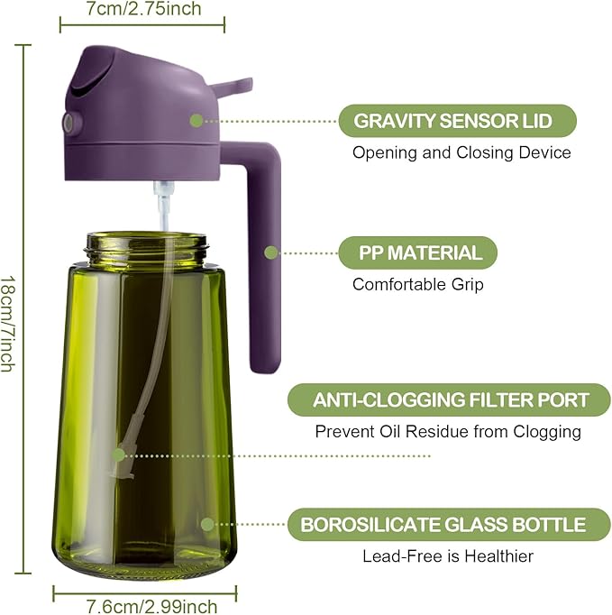 YARRAMATE 16oz/470ml Dark Green Oil Sprayer for Cooking with Stickers, Food-grade Premium 2 in 1 Olive Oil Dispenser Bottle for Kitchen Gadgets, Air Fryer, Salad, Frying, BBQ (Purple)