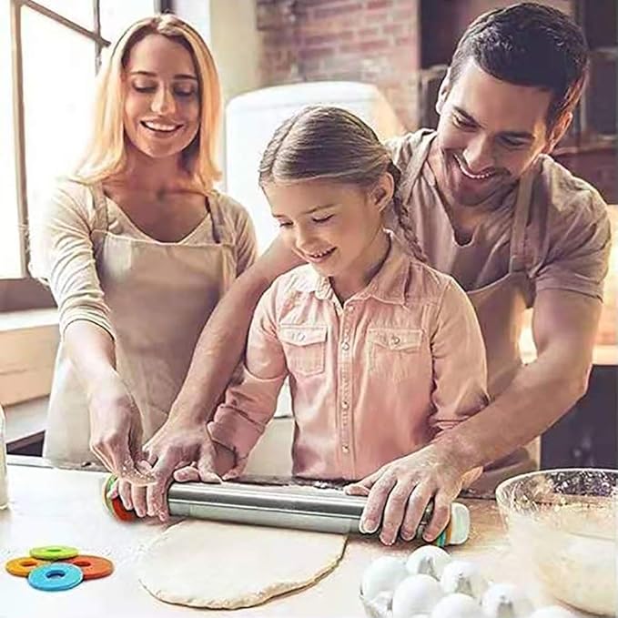 Adjustable Rolling Pin with Thickness Rings for Baking,17" Stainless Steel Dough Roller,Measurement Markings Rolling Pins For Pizza, tortilla,Pie,Pasta,Fondant,Cookies,Perfect for Chefs & Home Bakers