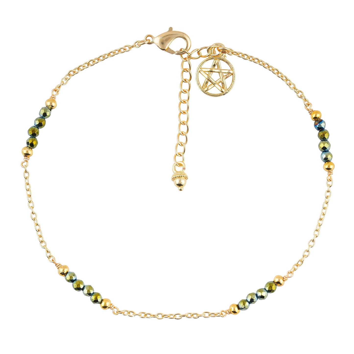 CRYSTALINES Natural Green Hametite Gemstone Beads, Handmade Station Dangle Star Charms Anklet, 14K Gold Plated, Adjustable Fashion Boho Jewelry for Women, Healing Crystals, Christmas Gift