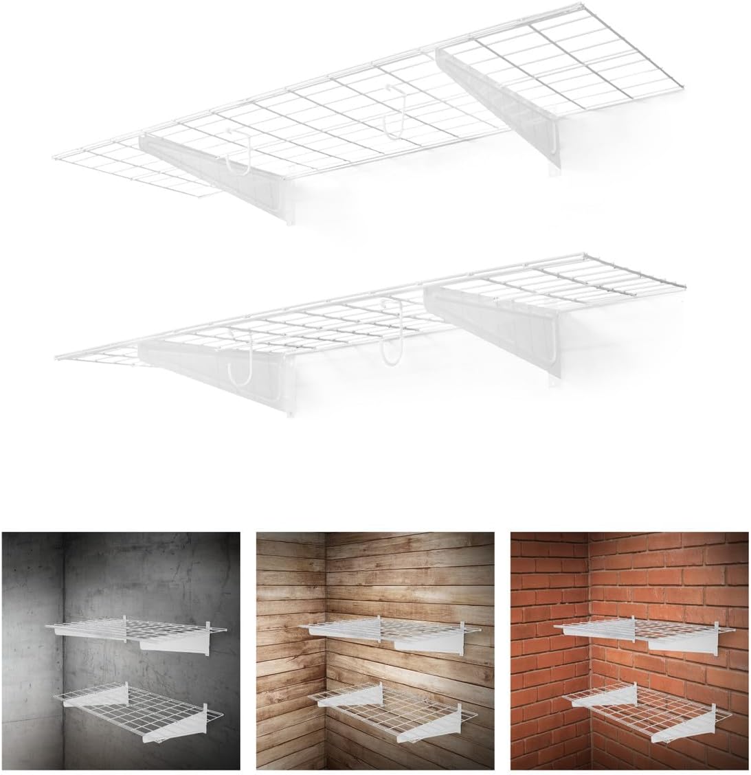 Fencer Wall Mounted Garage Shelving - 48 in. W x 18 in. D, White, Heavy Duty, 2 Hooks, 500lb Capacity