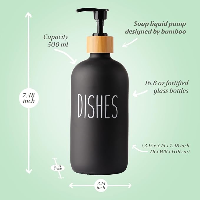 LOOCHICA 2 Pack Black Glass Soap Dispenser Set with Tray, Hand and Dish Glass Soap Dispensers for Kitchen Sink, Matte Black Soap Dispenser Suitable for Kitchen Sink, Rustic Kitchen Décor