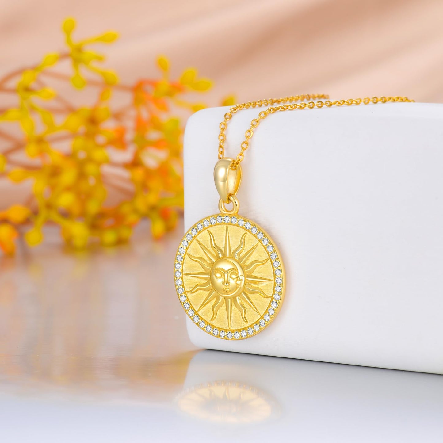 KQF Sun Coin Necklace for Women Sterling Silver Sun 18K Gold Coin Pendant Necklace Greek Celestial Jewelry Gifts for Women