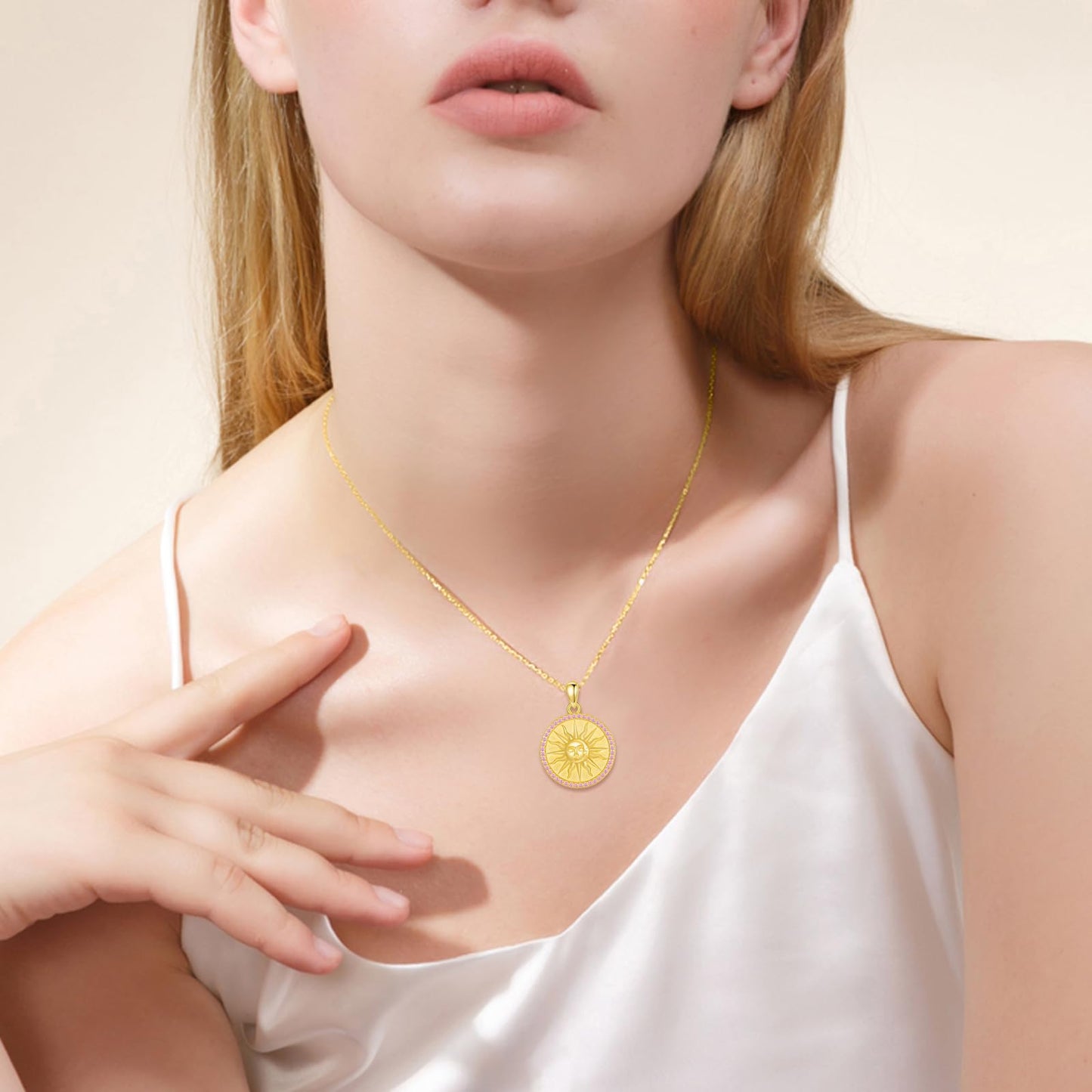 KQF Birthstone Sun Necklace for Women 925 Sterling Silver Sun and Moon Gold Plated Coin Pendant October Jewelry Gift