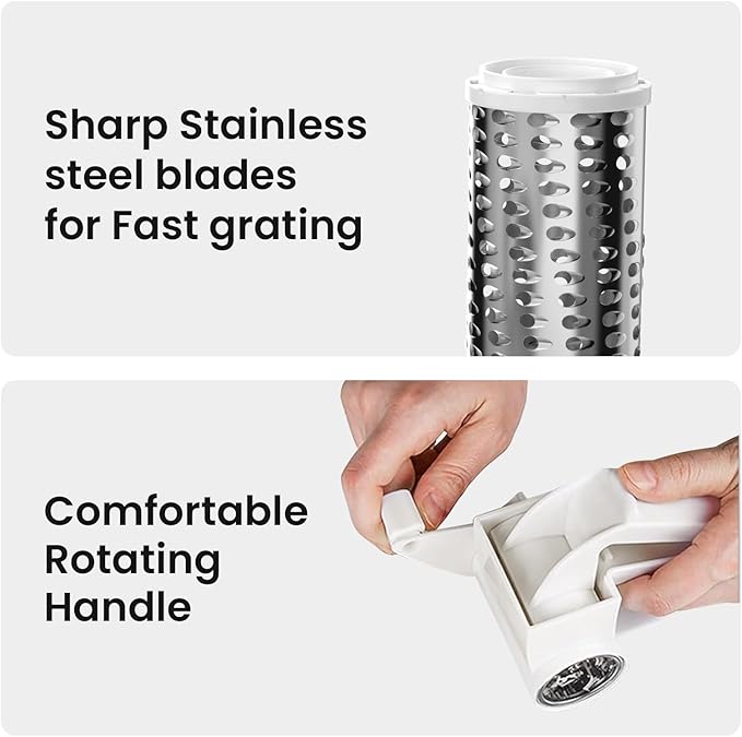 Cheese Grater with Handle, Rotary Cheese Grater,Vegetable, Chocolate, Hard Cheese & Nut Grater,White
