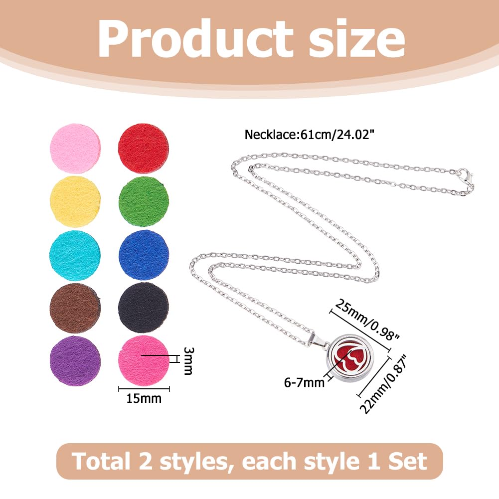 Hobbspring Necklace 2 Sets Aromatherapy Essential Oil Diffuser Necklace 2 Styles Stainless Steel Oil Pendant with Felt Pads Flower & Double Heart Aromatherapy Locket Necklaces Gift for Woman Men